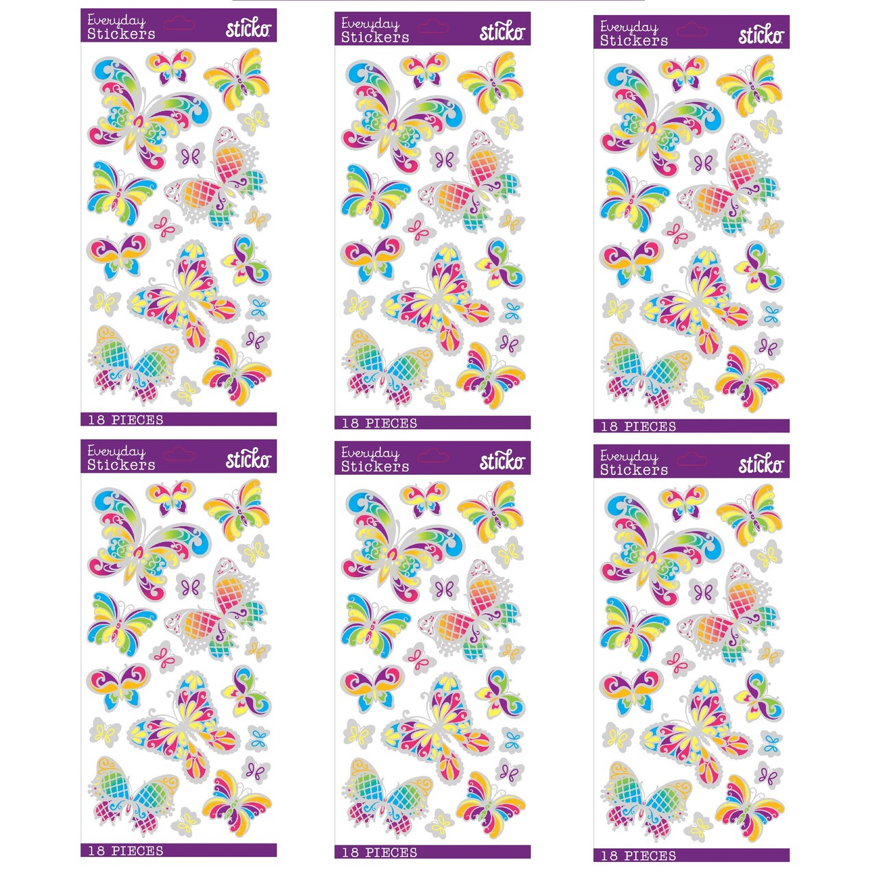 Multipack of 6 - Sticko Themed Stickers - Stained Glass Butterfly, 18pcs
